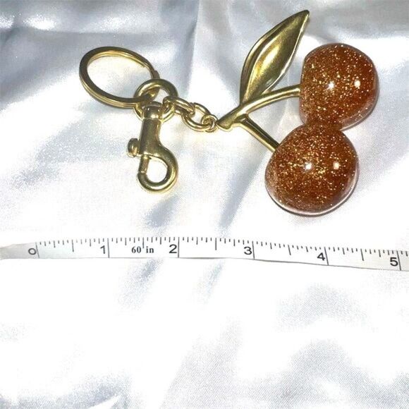 Cherry Charm Keychain Gold Glitter Resin Unisex Fashion Accessory - Picture 4 of 4